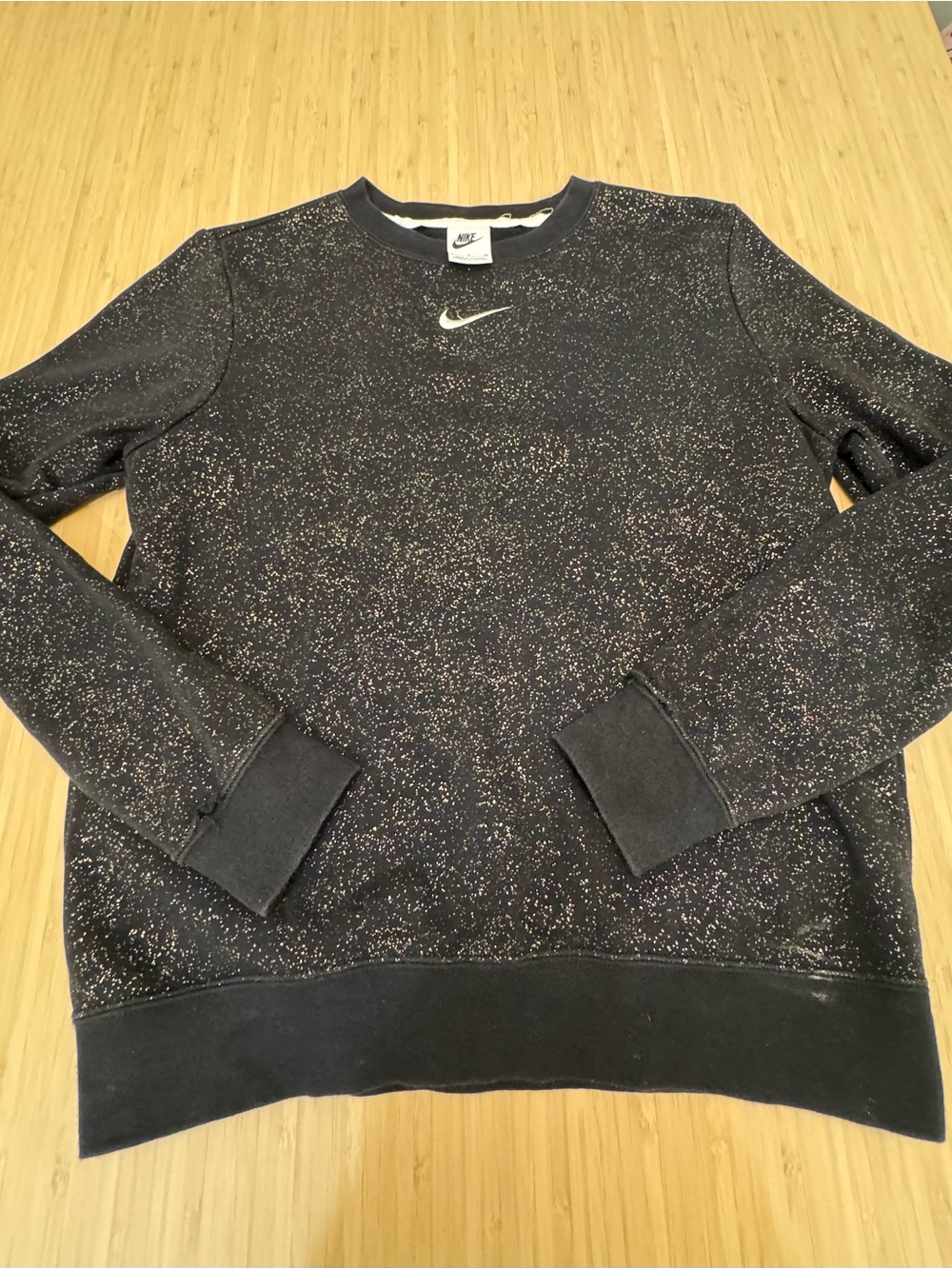 Nike Women’s Black with Gold Speckles Crewneck Sweatshirt with White Swoosh